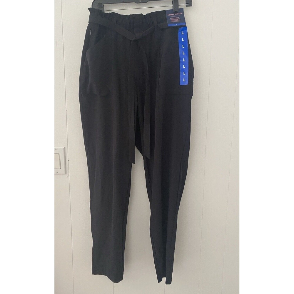 MODERN AMBITION Womens Tie Waist Pants Black Size Large Tapered Pockets NWT